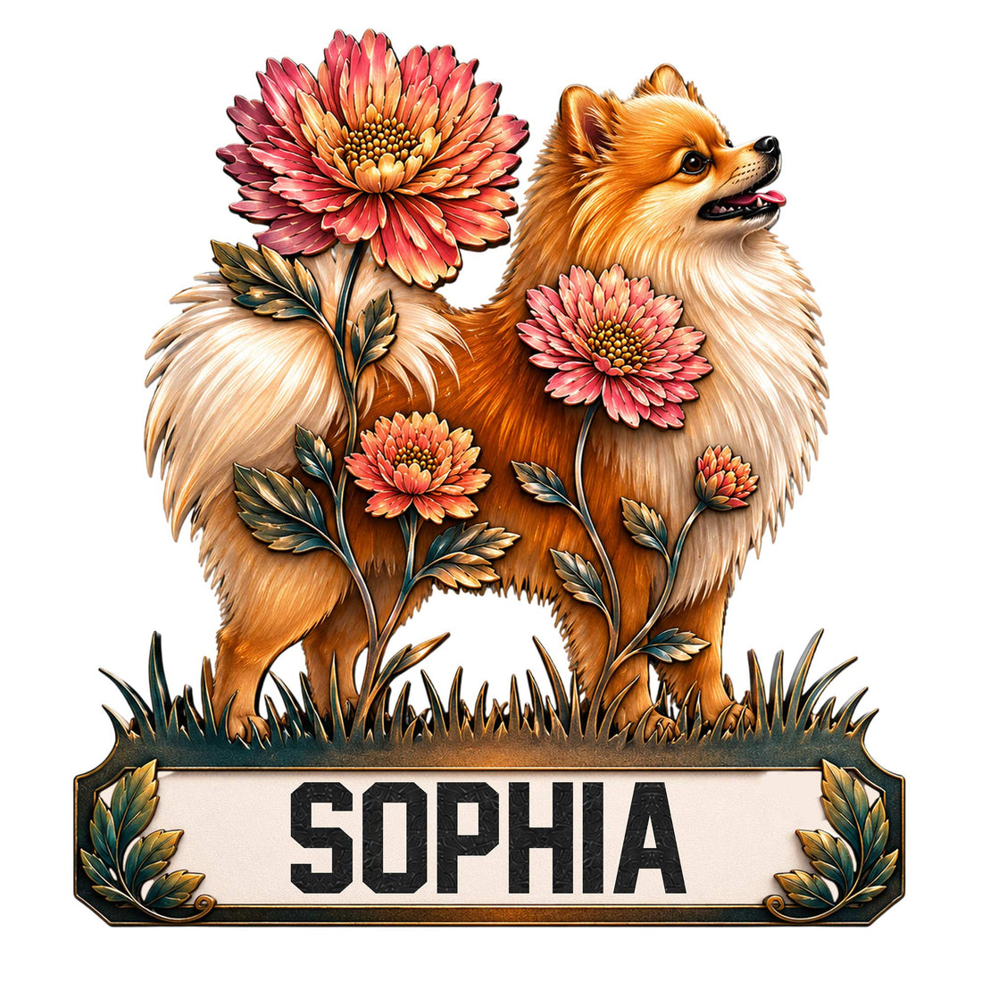 Floral Pomeranian metal sign featuring two fluffy dogs surrounded by colorful flowers and decorative foliage