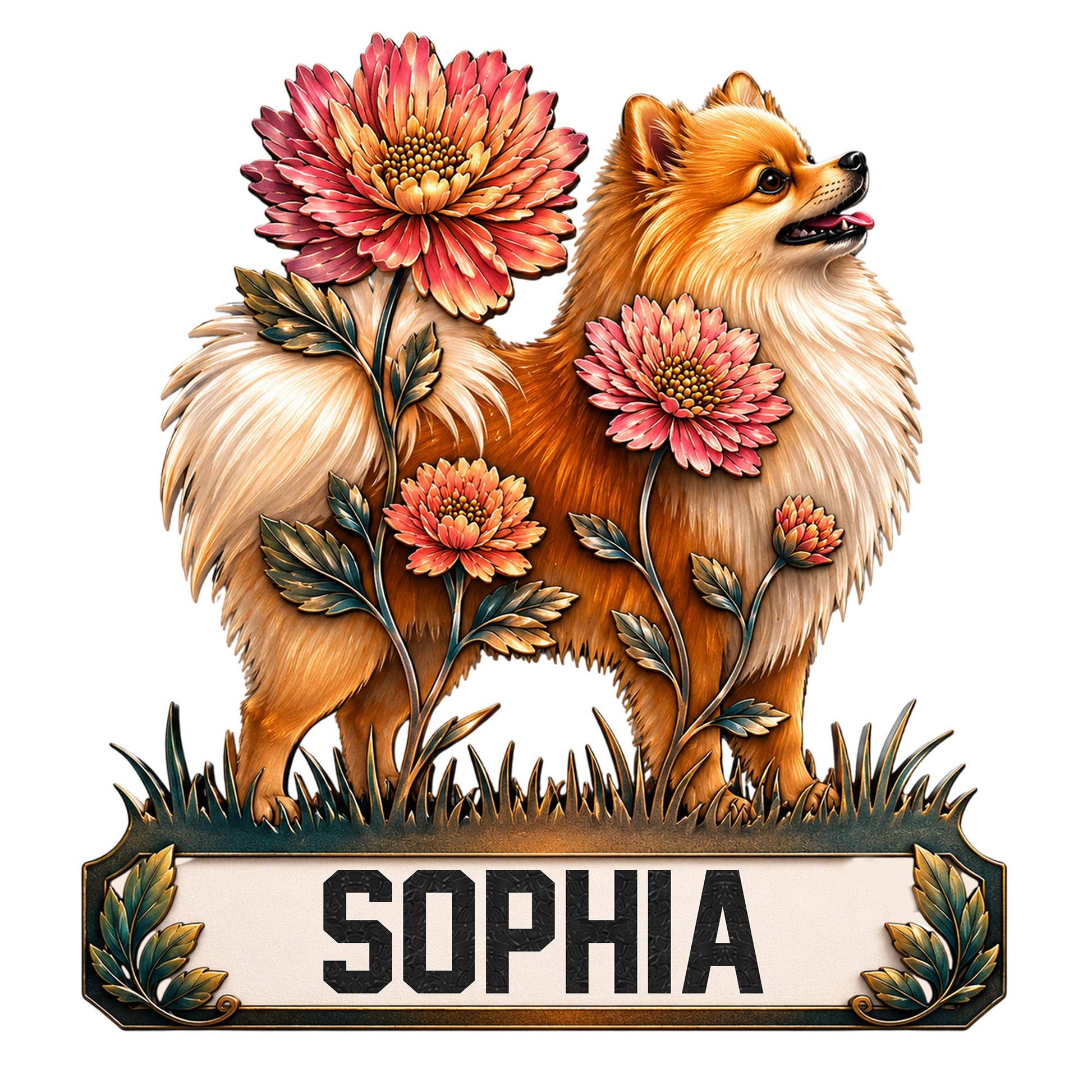 Floral Pomeranian metal sign featuring two fluffy dogs surrounded by colorful flowers and decorative foliage