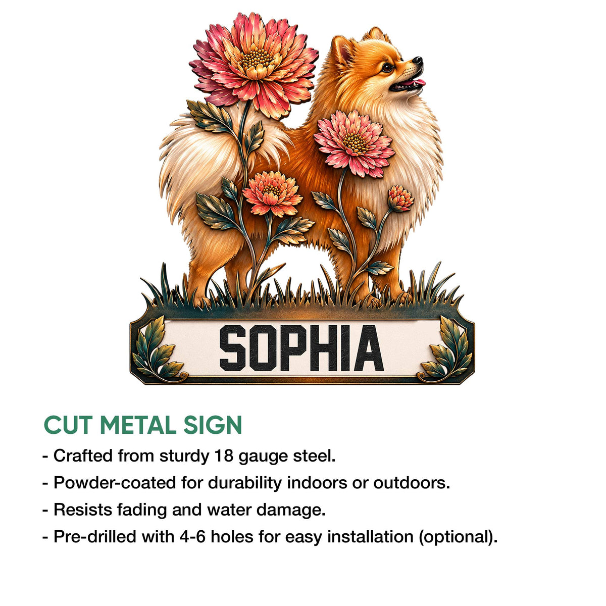 Pomeranian metal sign artwork shown with cut metal sign details and indoor or outdoor display notes