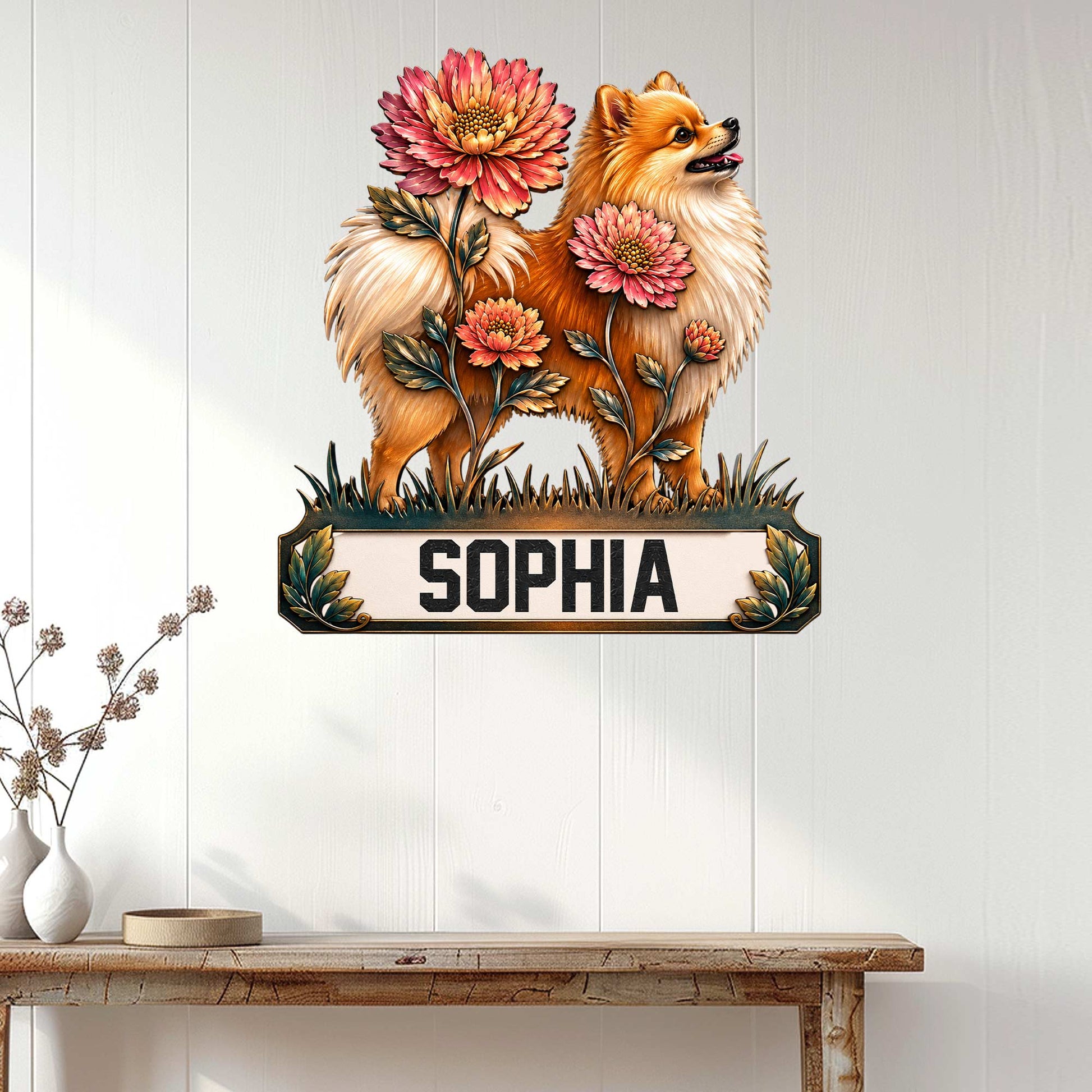Floral Pomeranian wall sign displayed on a light wood-paneled wall above a console table
