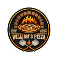 Custom pizza metal sign featuring a wood-fired oven, pepperoni pizzas, flames, and crossed pizza peels