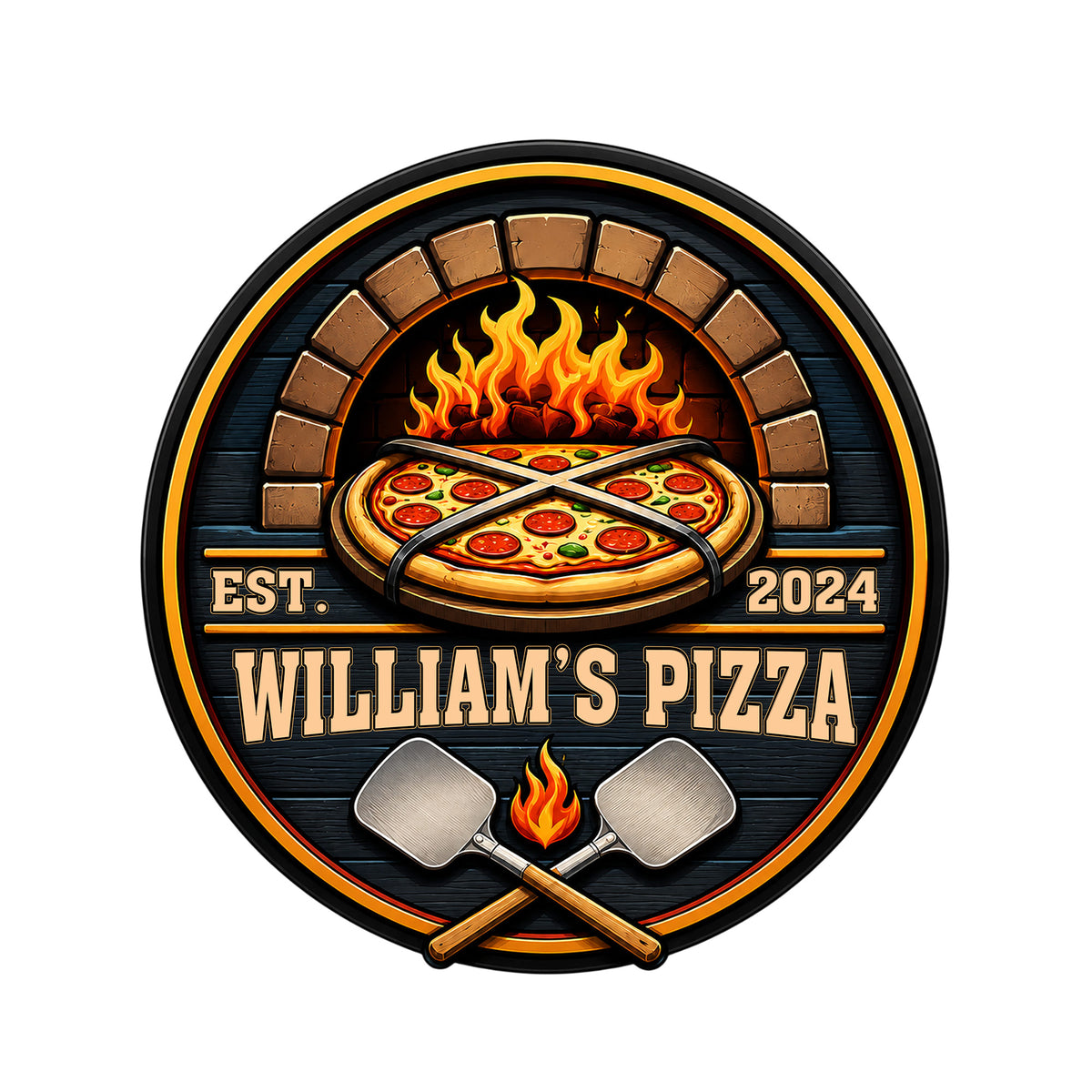Custom pizza metal sign featuring a wood-fired oven, pepperoni pizzas, flames, and crossed pizza peels