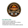 Pizza metal sign shown with a wood-fired oven design and an infographic highlighting the cut metal sign style