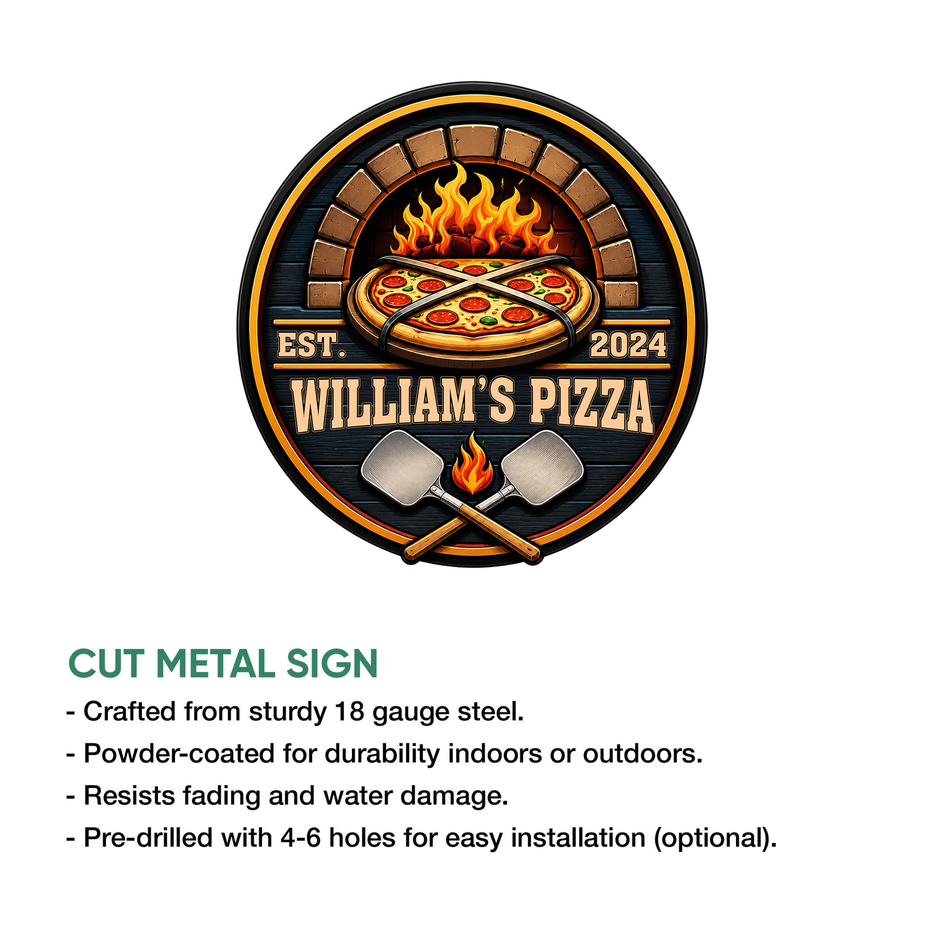 Pizza metal sign shown with a wood-fired oven design and an infographic highlighting the cut metal sign style