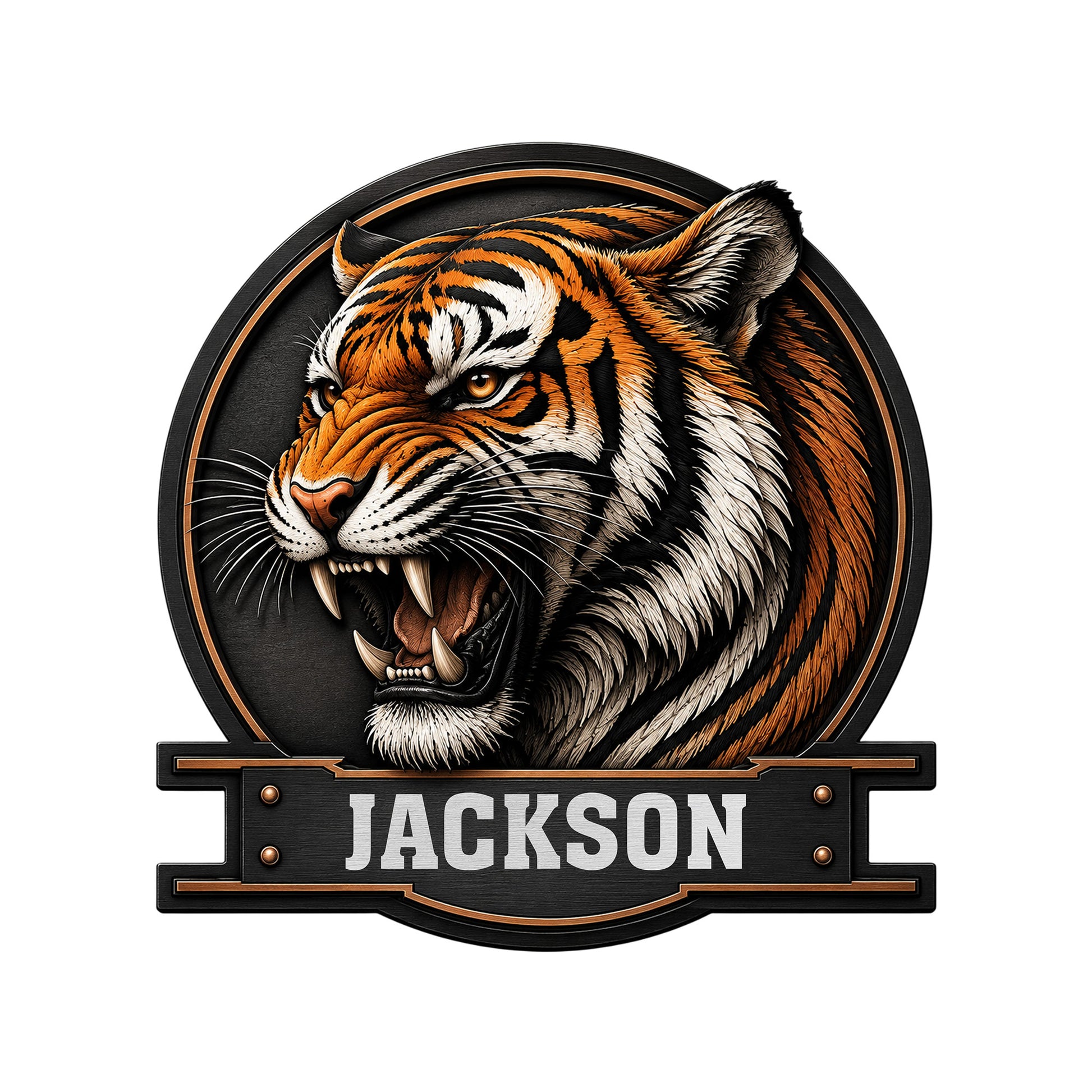 Detailed tiger portrait metal sign with a fierce expression, black and orange artwork, and decorative wall plaque frame