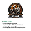 Tiger metal sign feature graphic showing the cut-metal design and available indoor or outdoor display features