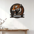 Tiger wall sign displayed above a wood console in a bright modern home interior