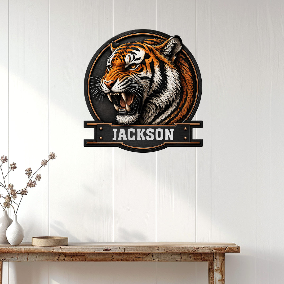 Tiger wall sign displayed above a wood console in a bright modern home interior
