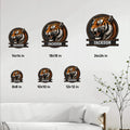 Tiger metal wall sign shown in multiple size options above a living room sofa