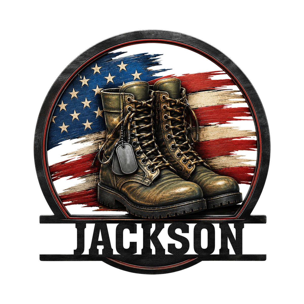 Custom veteran metal sign featuring military boots, dog tags, and a distressed American flag design