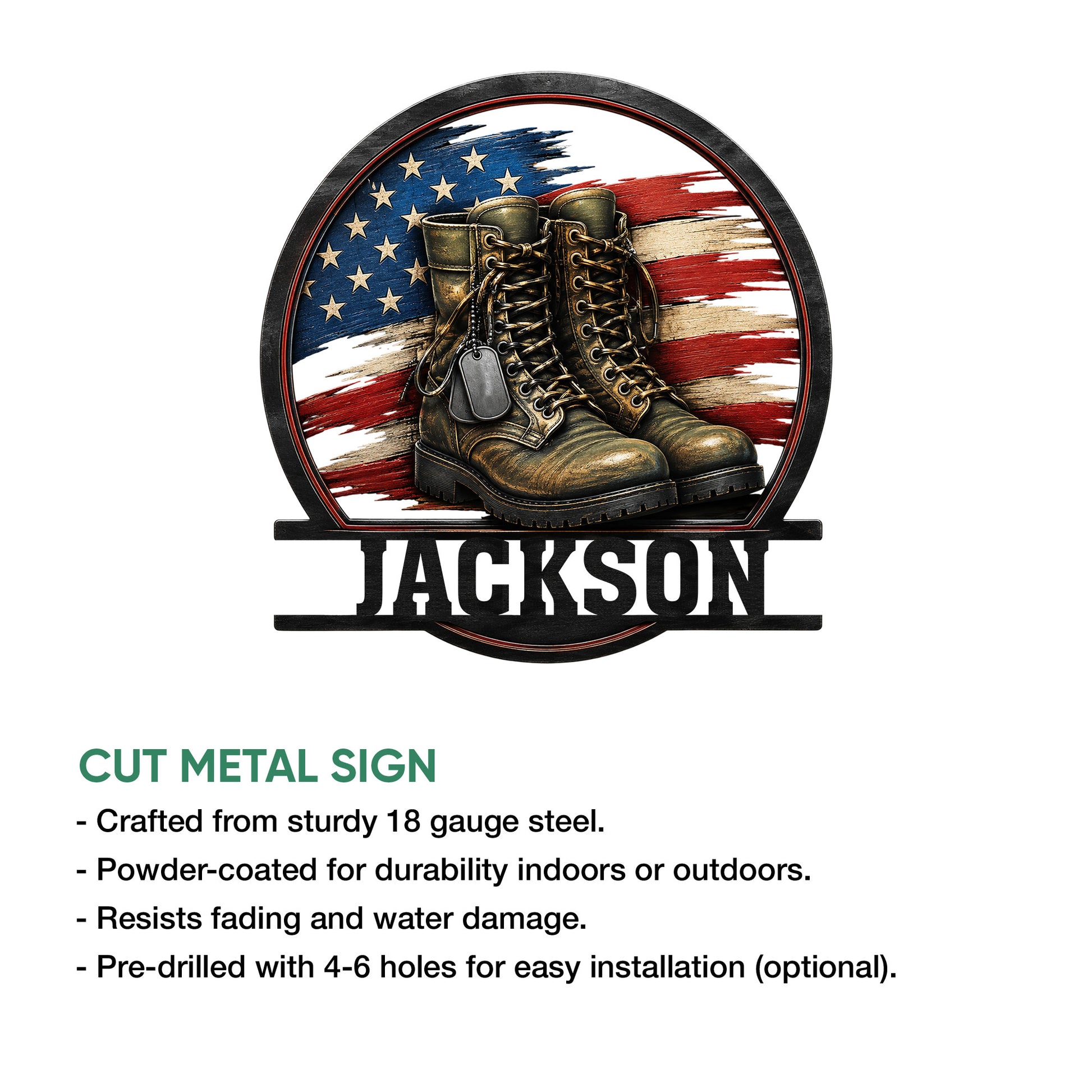 Veteran boot metal sign shown with cut metal construction and installation feature details