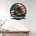 Veteran military boot wall sign displayed on a white paneled wall in a home decor setting