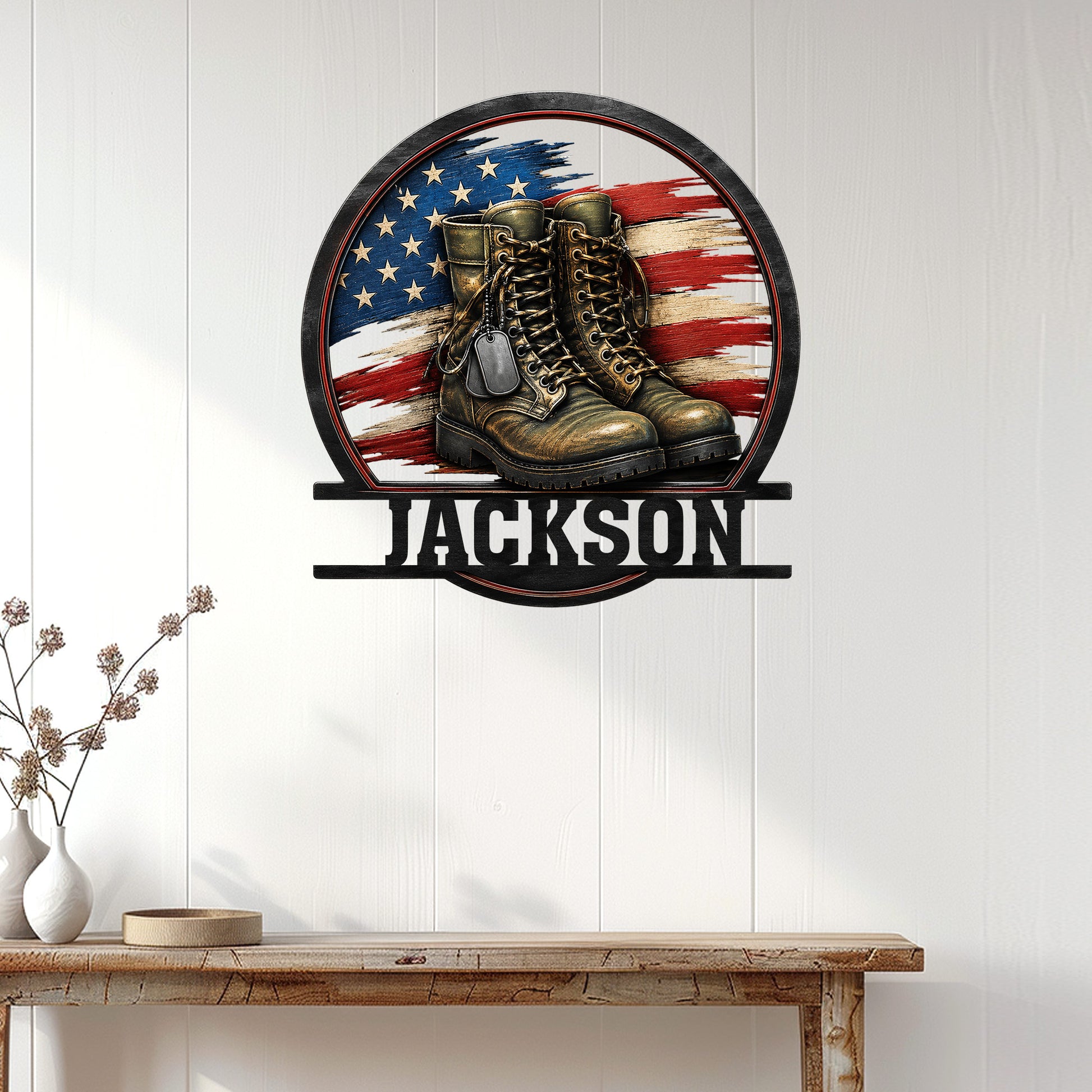 Veteran military boot wall sign displayed on a white paneled wall in a home decor setting