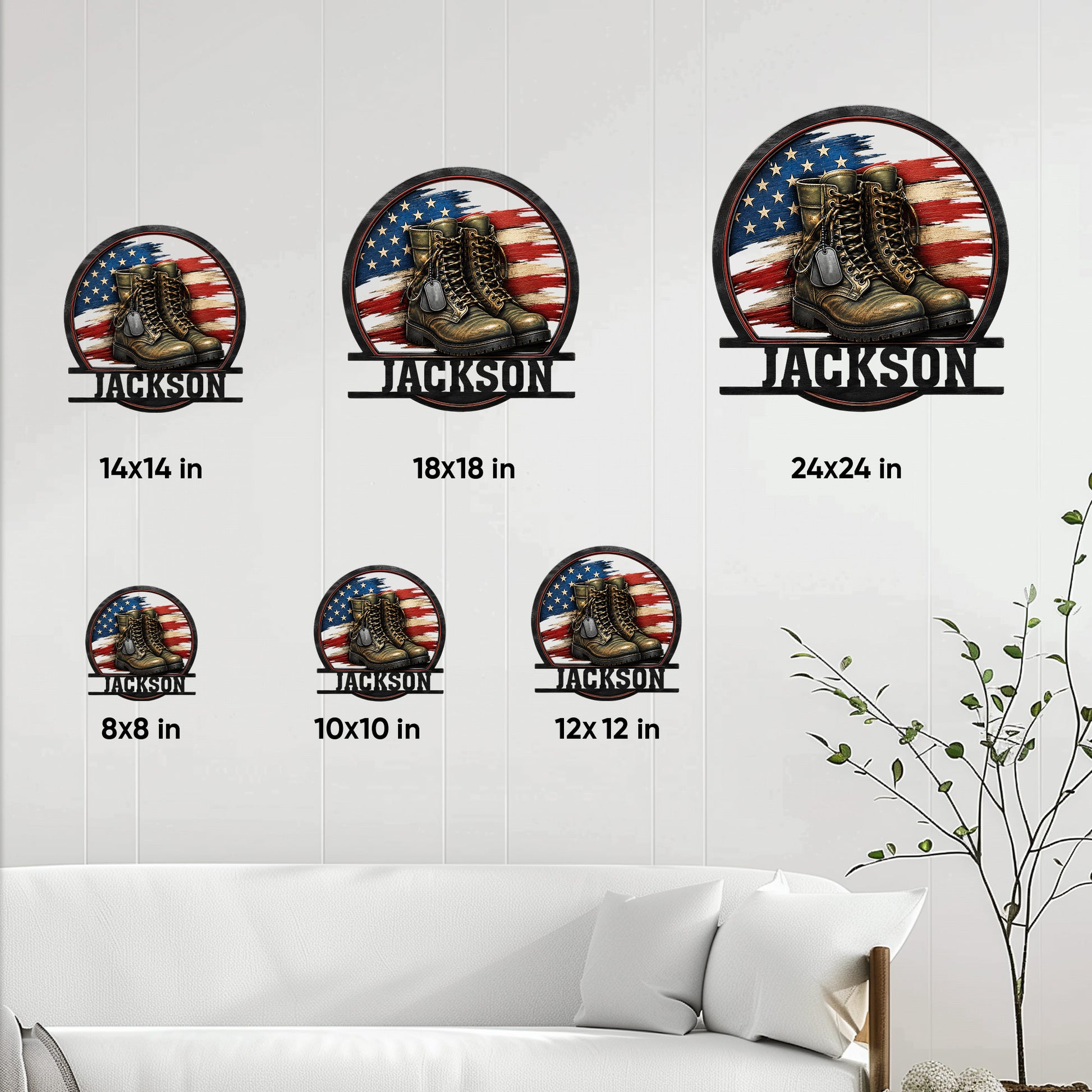 Veteran metal sign size guide showing available 8, 10, 12, 14, 18, and 24 inch options