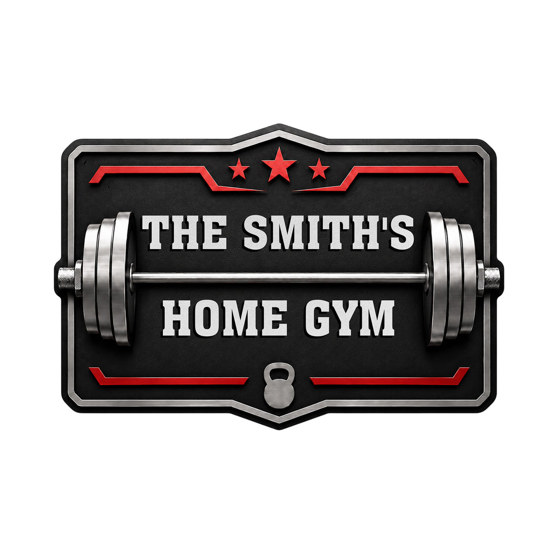 Custom home gym metal sign featuring a barbell, dumbbells, stars, and bold black and red athletic styling