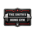 Custom home gym metal sign featuring a barbell, dumbbells, stars, and bold black and red athletic styling