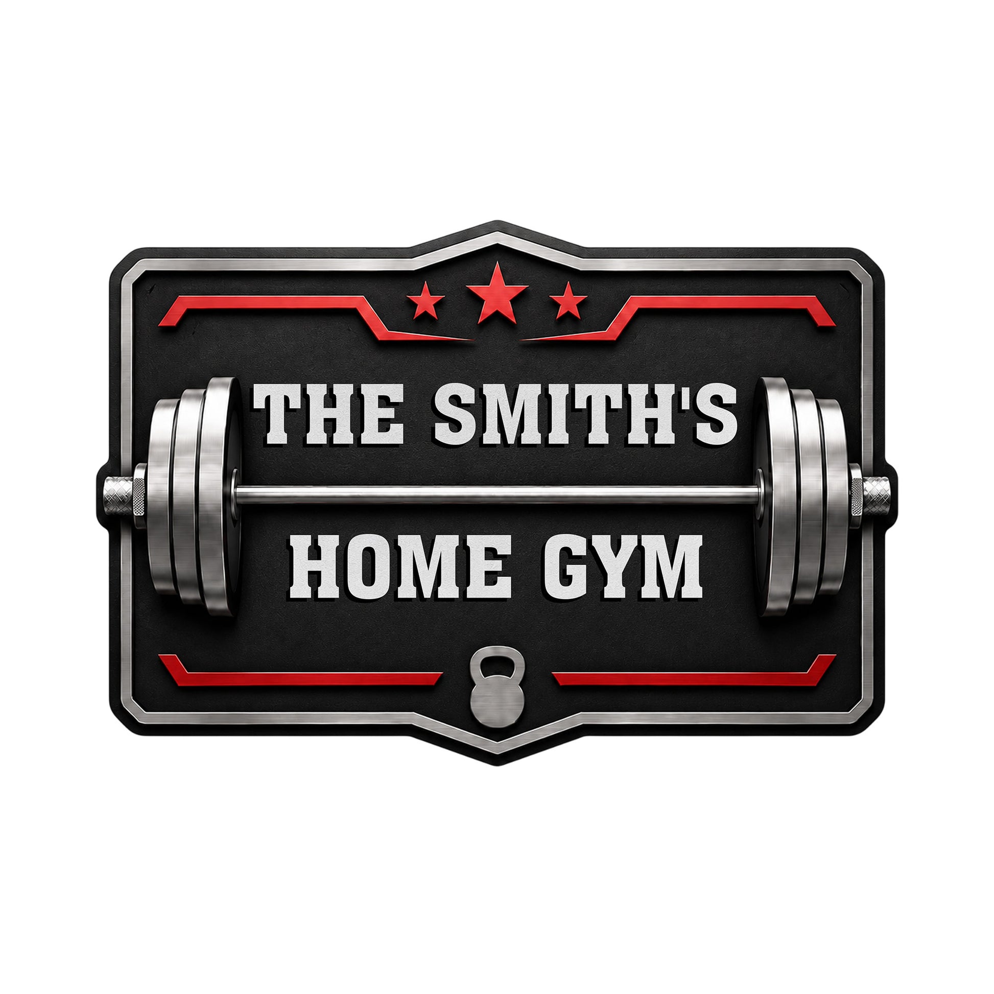 Custom home gym metal sign featuring a barbell, dumbbells, stars, and bold black and red athletic styling