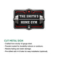 Home gym metal sign shown with a cut-metal design feature guide and bold barbell artwork