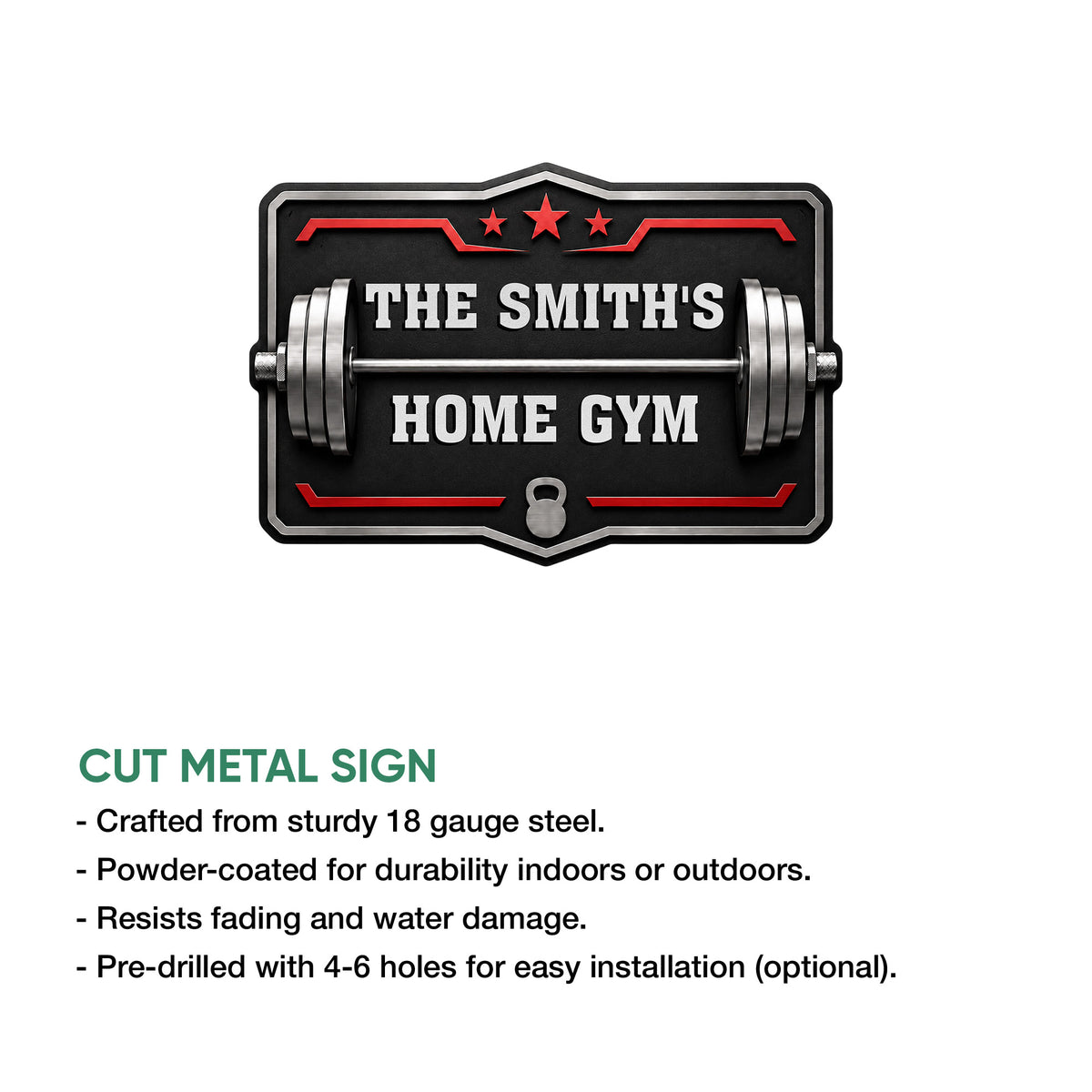 Home gym metal sign shown with a cut-metal design feature guide and bold barbell artwork