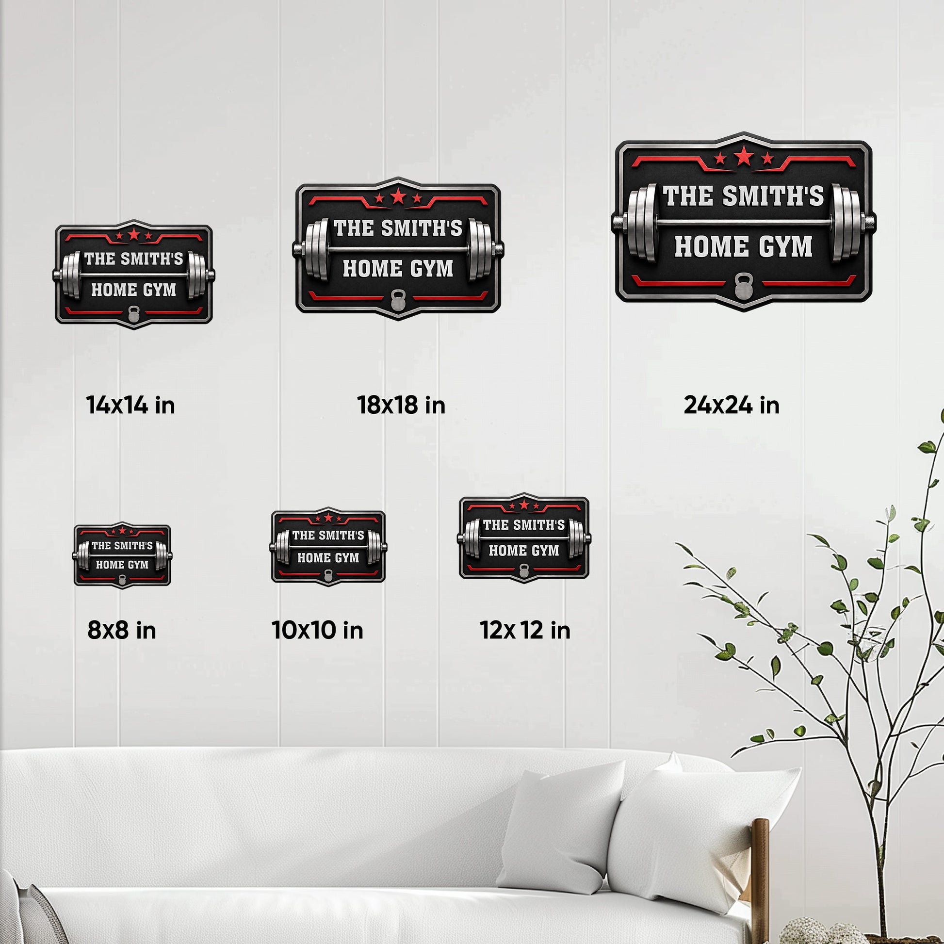 Home gym metal sign size guide showing available 8x8, 10x10, 12x12, 14x14, 18x18, and 24x24 inch options