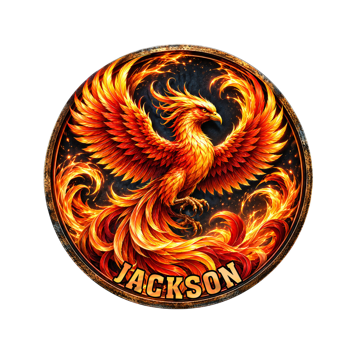 Fiery phoenix metal sign with wings spread inside a round border and glowing flame-inspired feather details