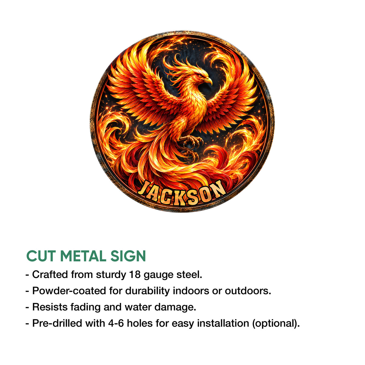 Phoenix metal sign feature showing a vivid fiery bird design and cut metal sign construction details