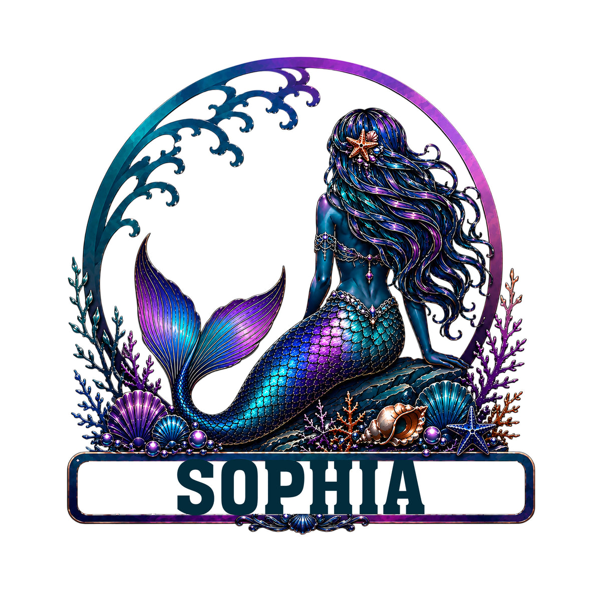Vibrant mermaid metal sign featuring a jeweled tail, flowing hair, coral, seashells, and ocean waves