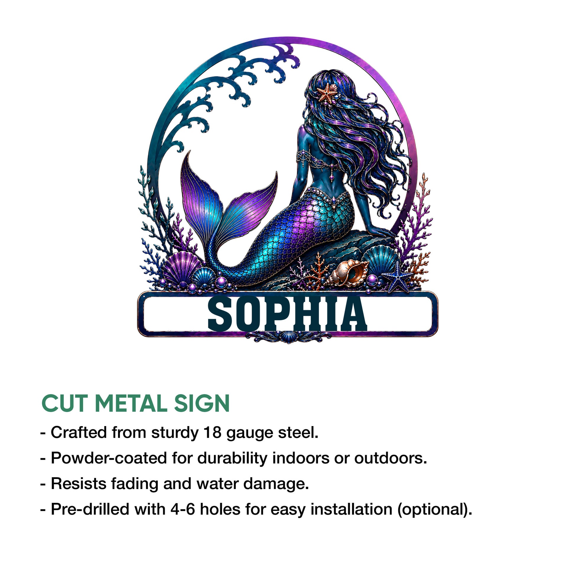 Mermaid metal sign feature graphic showing the colorful ocean artwork and cut metal sign design