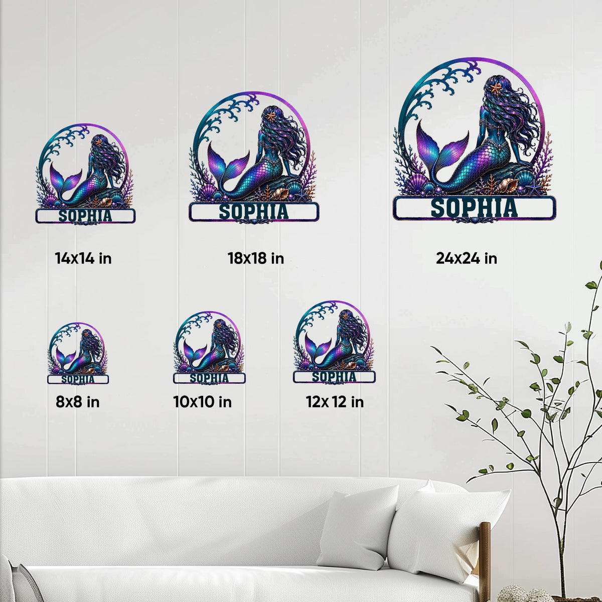 Mermaid metal sign size guide showing several square size options displayed in a bright living room