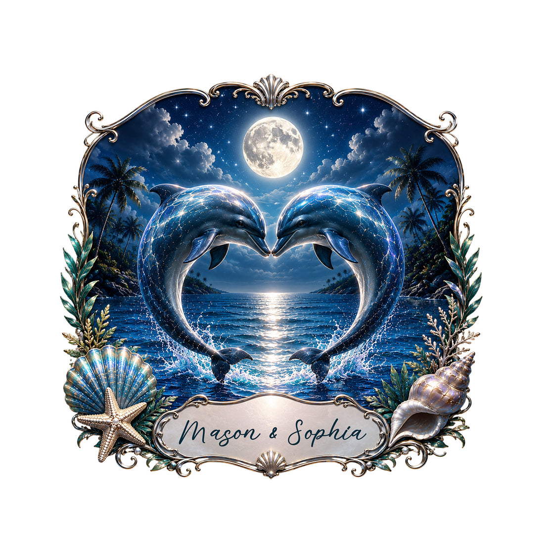 Custom dolphin metal sign featuring two dolphins forming a heart over a moonlit tropical ocean