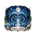Custom dolphin metal sign featuring two dolphins forming a heart over a moonlit tropical ocean
