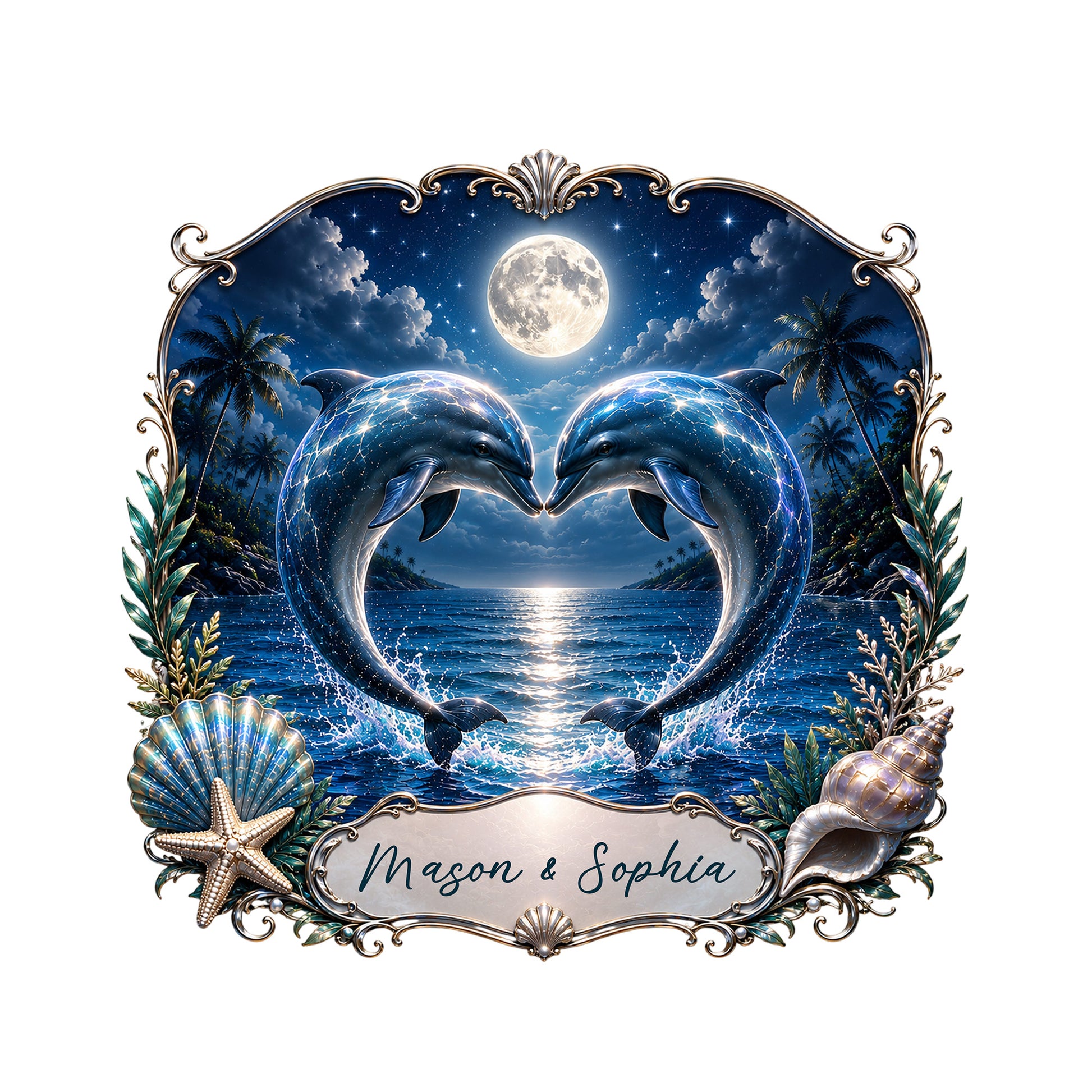 Custom dolphin metal sign featuring two dolphins forming a heart over a moonlit tropical ocean