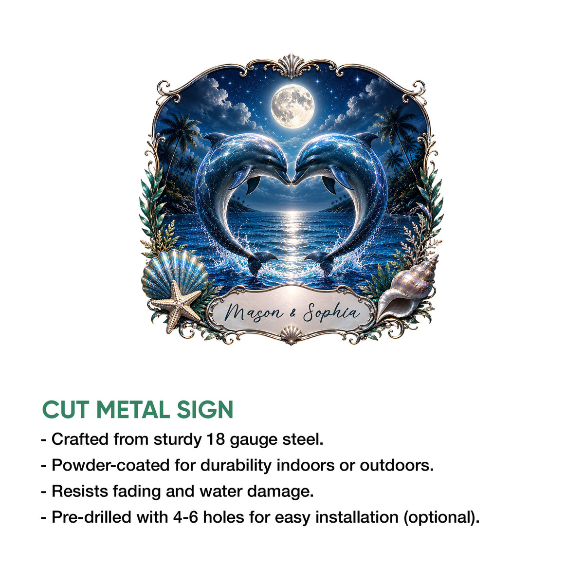 Dolphin metal sign feature graphic showing the ornate ocean artwork and cut metal sign details