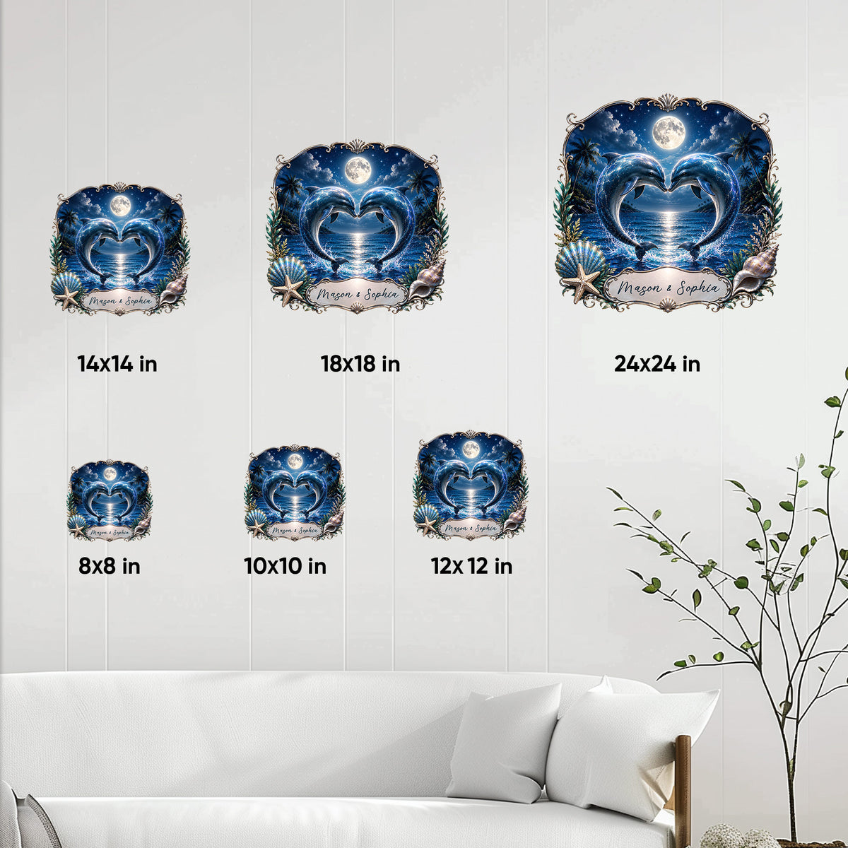 Dolphin metal sign size guide showing square options from 8 by 8 to 24 by 24 inches