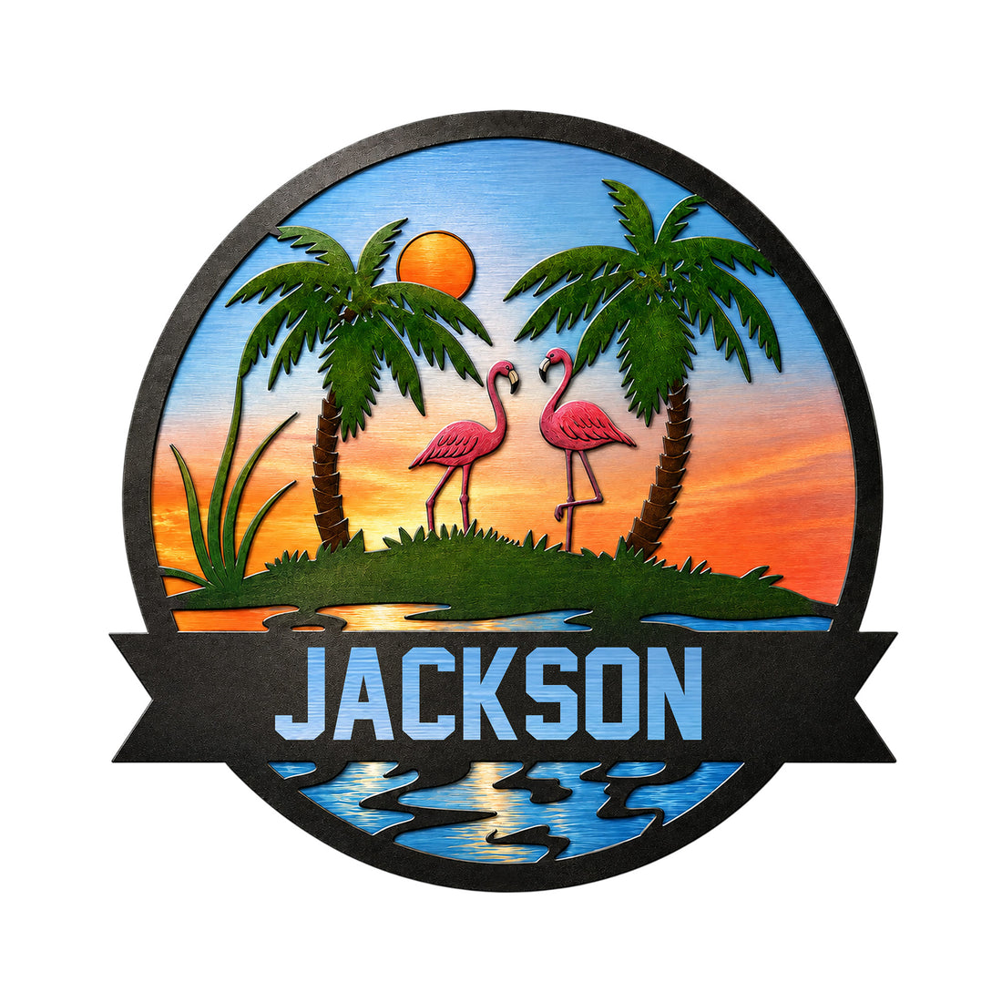Colorful flamingo metal sign featuring two flamingos, palm trees, sunset colors, and tropical water