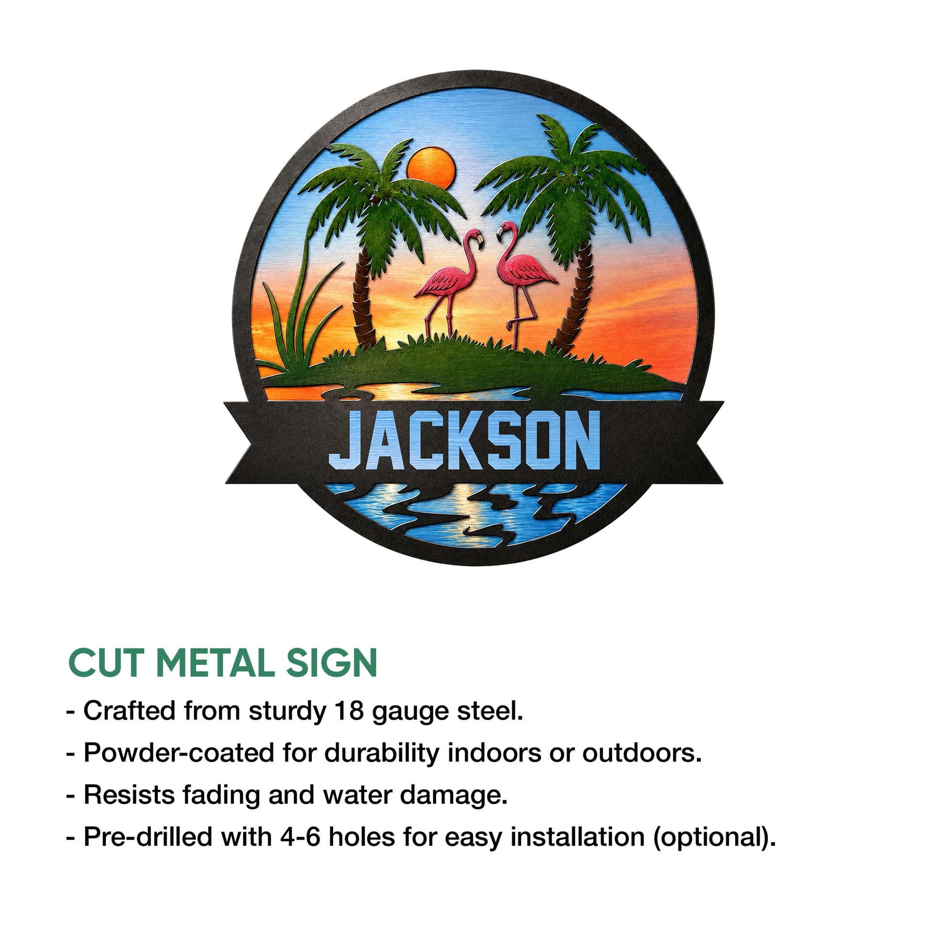 Tropical flamingo wall sign shown in a product feature graphic with palm trees and a sunset scene