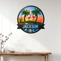 Flamingo metal wall decor displayed on a white paneled wall above a wooden console table