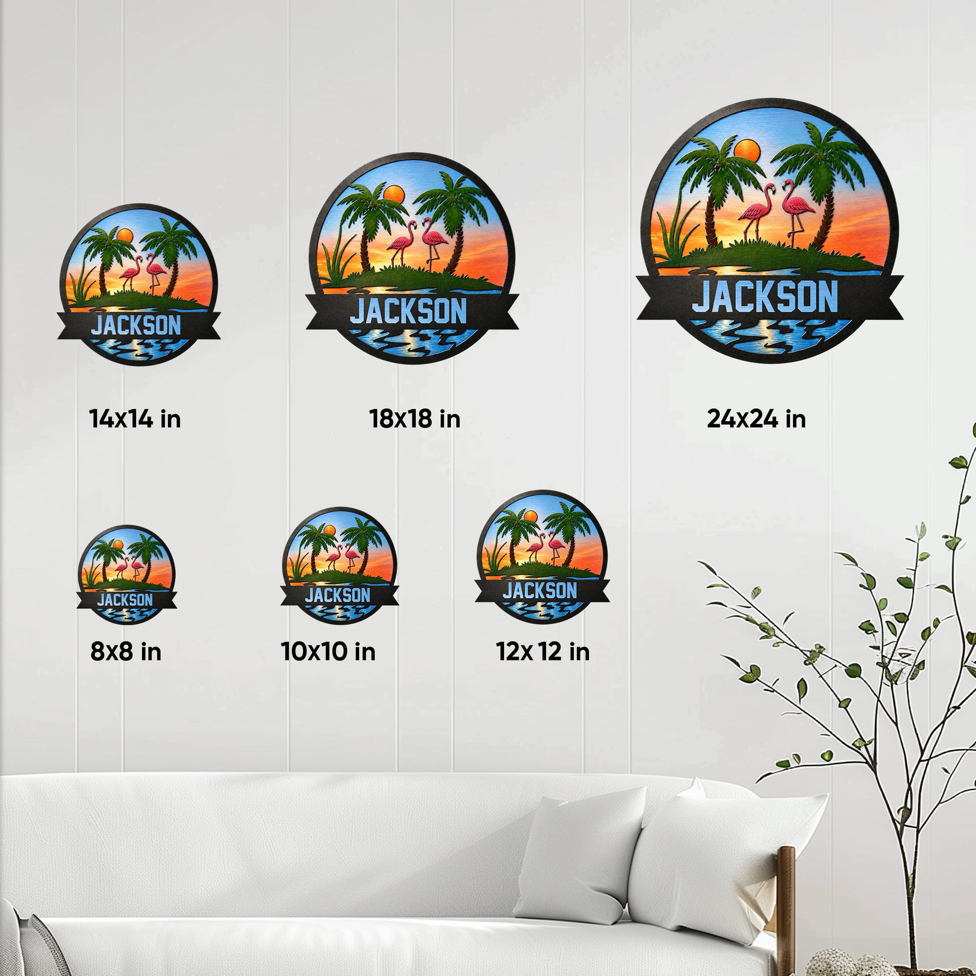 Flamingo metal sign size guide showing multiple square size options in a tropical wall display
