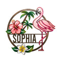 Colorful flamingo metal sign with hibiscus flowers, palm trees, and tropical island-inspired artwork