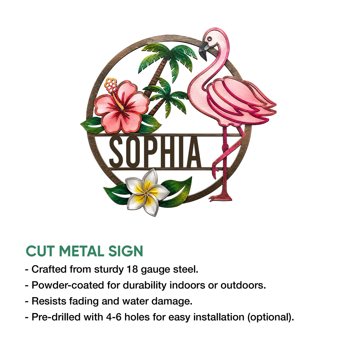 Cut metal flamingo sign featuring tropical flowers, palm trees, and a bright pink flamingo design