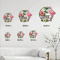 Flamingo metal sign size guide showing available square sizes from 8 by 8 to 24 by 24 inches