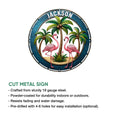 Flamingo metal sign feature graphic showing colorful tropical artwork, a circular design, and hanging holes