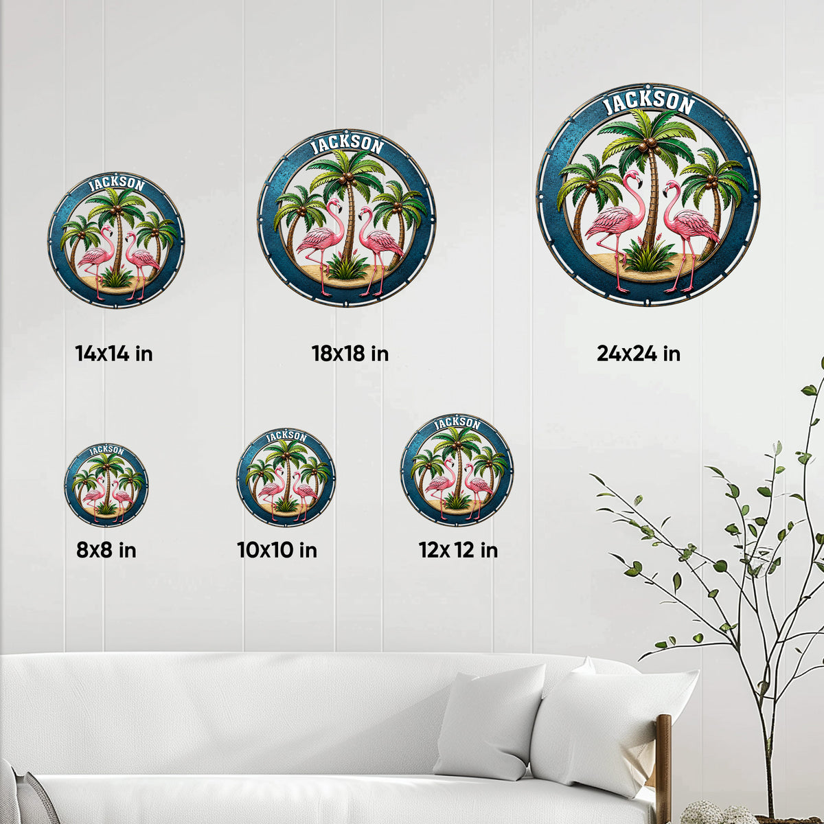 Flamingo metal sign size guide showing round wall decor options from 8 by 8 to 24 by 24 inches