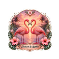Custom flamingo metal sign featuring two flamingos forming a heart over a tropical sunset lagoon