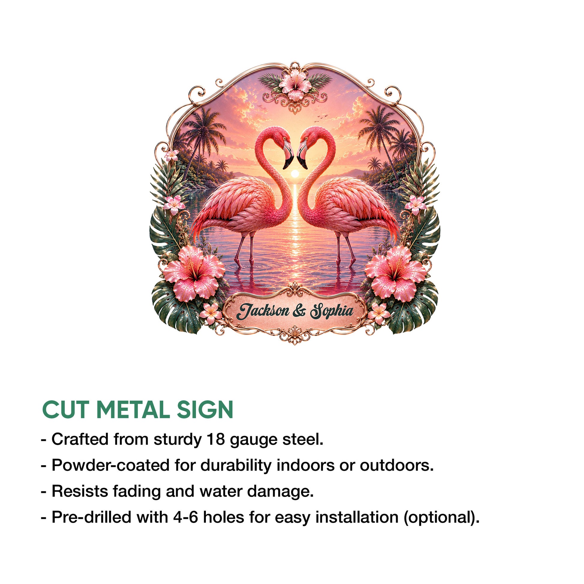 Flamingo metal sign feature graphic showing the tropical couple design and cut steel sign details