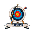 Custom archery metal sign featuring a colorful bow, arrow, target, and decorative banner design