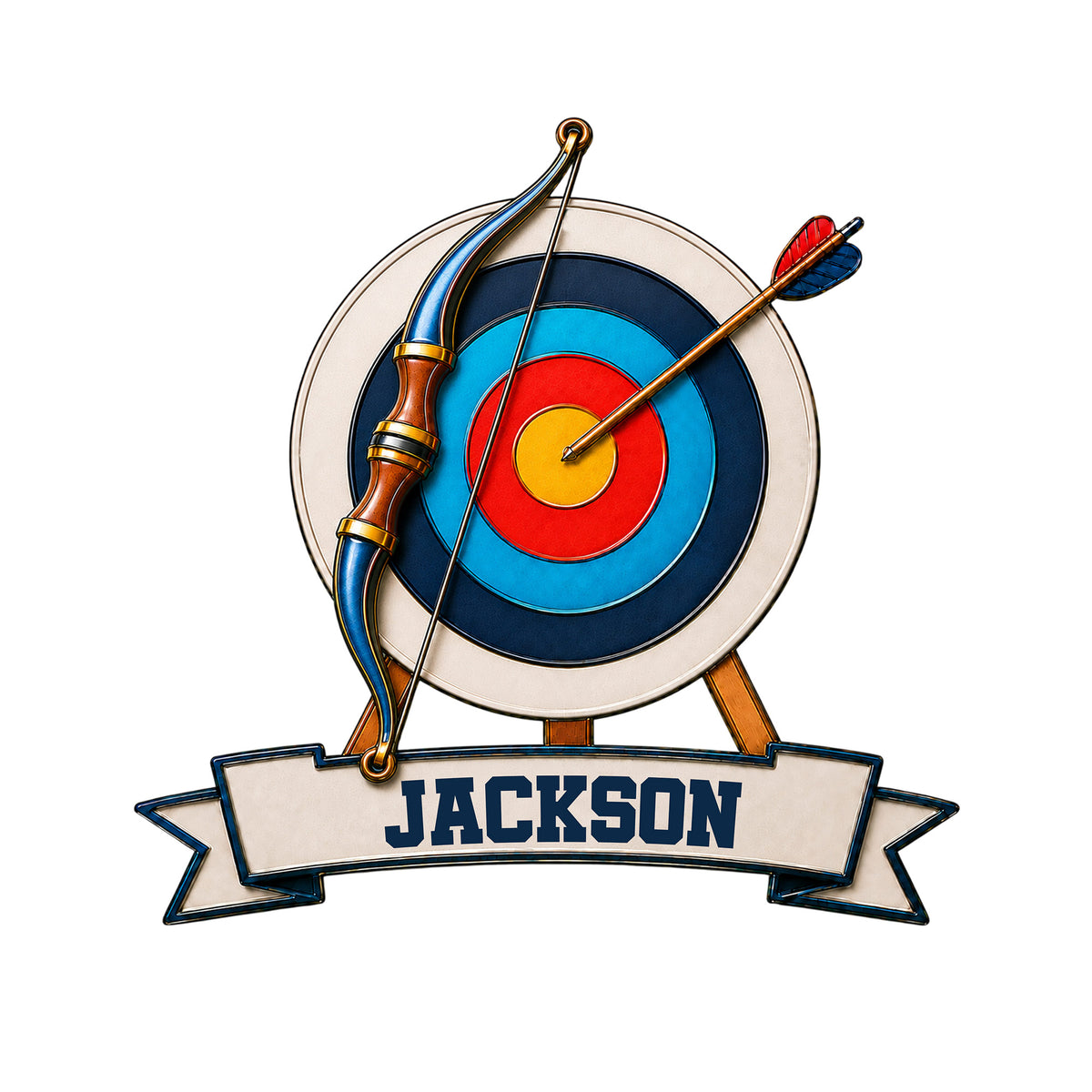 Custom archery metal sign featuring a colorful bow, arrow, target, and decorative banner design