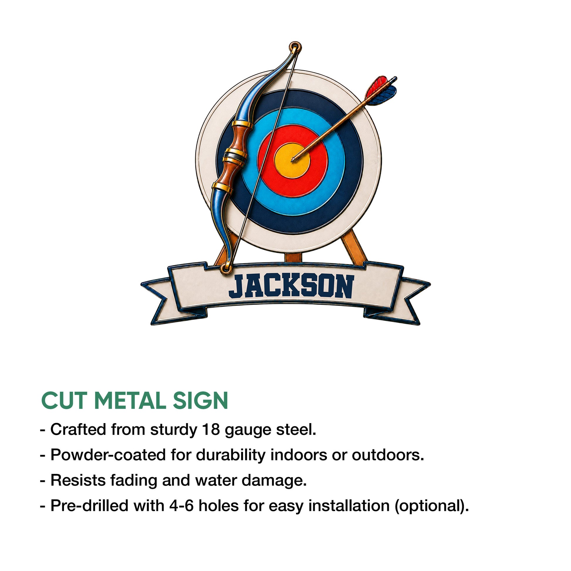 Archery metal sign product graphic showing a bow and arrow over a target with feature details