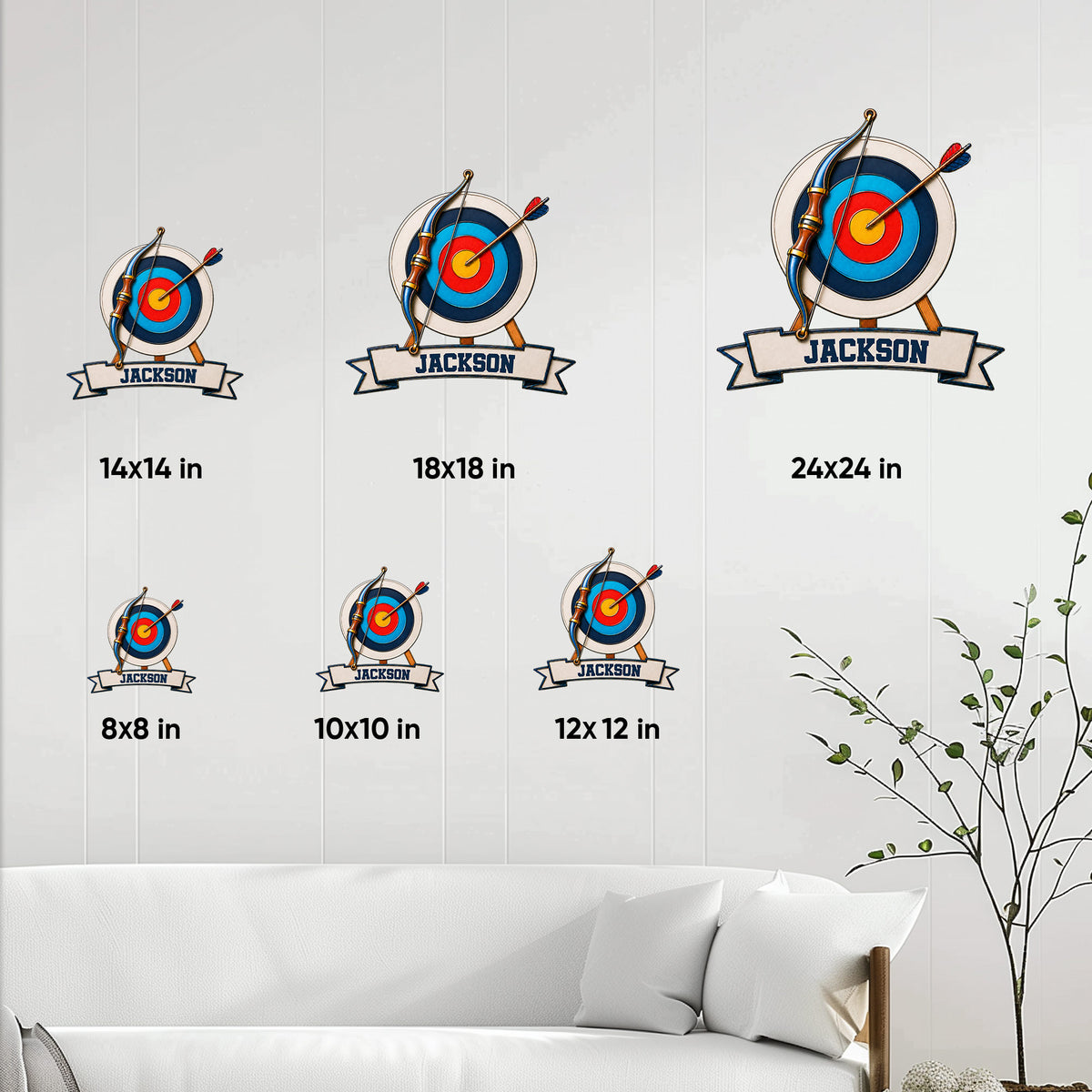 Archery metal sign size guide showing 8x8, 10x10, 12x12, 14x14, 18x18, and 24x24 inch options