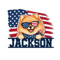 Patriotic Pomeranian metal sign featuring a smiling dog in sunglasses and an American flag design
